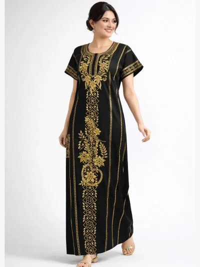 Women's Cotton Zip Nighty, Embroidered – Black